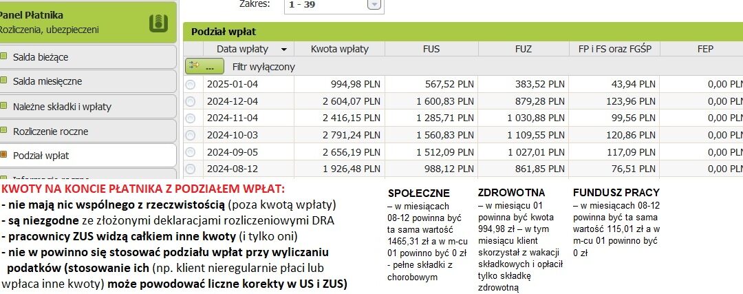 Niepoprawny podział wpłat składek ZUS w PUE / eZUS